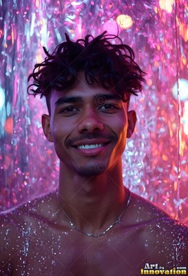 In falling purple water, a man with a smile without a shirt with wet curly hair looks forward