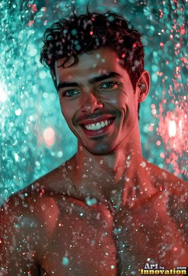 Smiling in cascading water, a bare-chested man stands in teal and pink light
