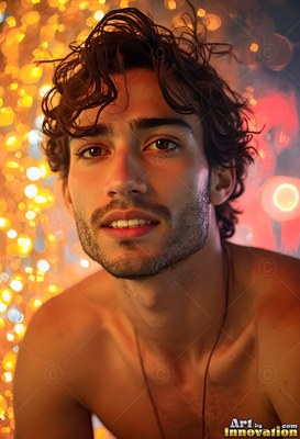 Shirtless man smiling in front of blurry golden lights