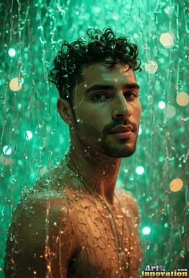 Wet curly hair frames a shirtless man looking sideways in bright green rain light