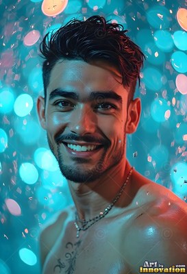 A shirtless grinning man stands under water coming down lit by round turquoise bokeh lights