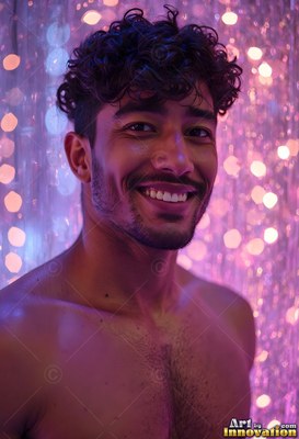 Bare-chested man smiling standing before blurred pink lights