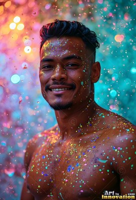 A smiling bare-chested man standing in falling colorful droplets under pink and teal light