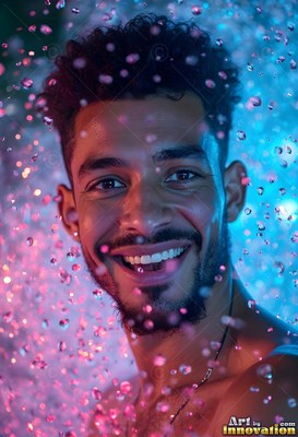 In a shower of pink droplets, a happy man stands in blue light