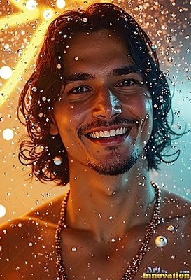 Smiling in falling water, a shirtless man is lit by warm yellow light