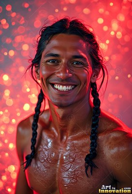 Smiling shirtless man with braided hair under red lights