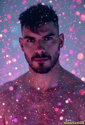 Dark hair falls across a shirtless man's forehead in a shower of pink water drops
