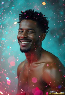 A smiling man looking ahead as blurred pink and teal drops drift past him