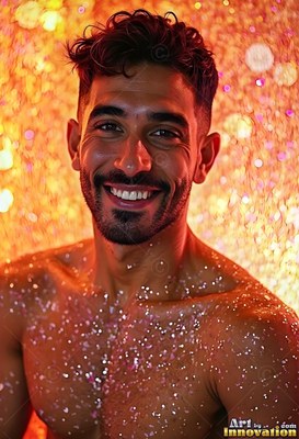 Facing forward, a smiling bare-chested man under warm yellow light droplets