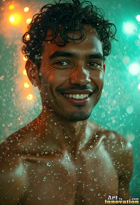 A smiling wet man stands under cascading drops of water in green light