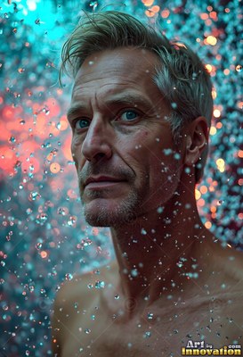 Under falling drops of water, a bare-chested gray-haired man looks ahead in blue light