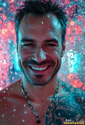 Grinning man with tattoos in descending water under red light