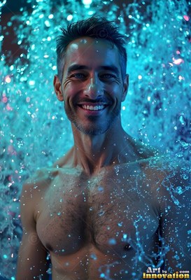 A happy man with short dark hair stands bare-chested under bright turquoise water droplets