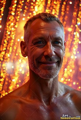 A bare-shouldered older man smiles warmly before a curtain of bright orange lights