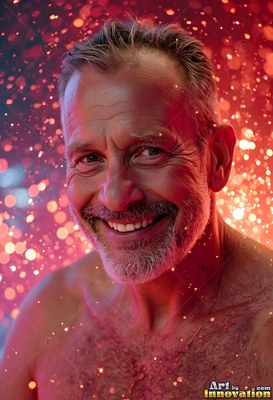 Facing forward, a smiling bare-chested man stands in red spark-filled light
