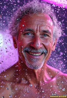 A smiling gray-haired man stands in a spray of water under bright purple light