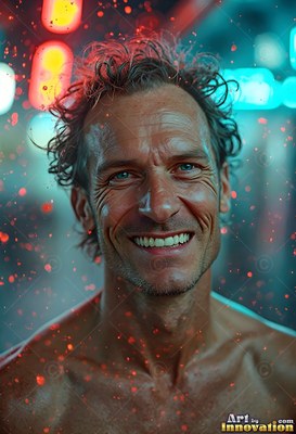In blurred neon streetlights, a shirtless happy man stands under falling red drops