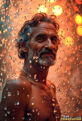 Standing in warm rain, an older shirtless man smiles under orange city lights