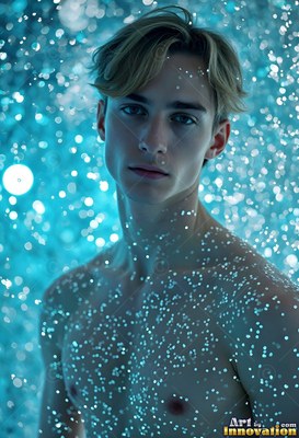 Man covered in water droplets in bright blue light
