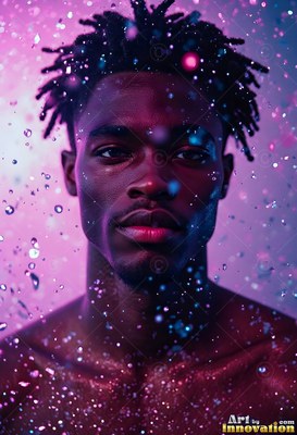 Short dreadlocks frame a shirtless man surrounded by falling purple water droplets