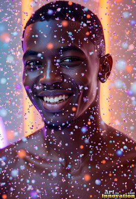A happy man looks forward under falling colorful drops in warm light