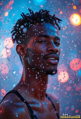 Turned slightly in water falling down, a man smiles under blue light