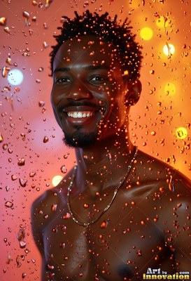 A shirtless man with a smile seen through wet glass lit by warm orange lights