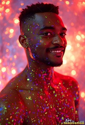 In red light with soft spots, a smiling bare-chested man wears colorful flecks of paint