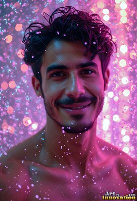 Smiling in cascading water drops, a shirtless man is lit by pink light