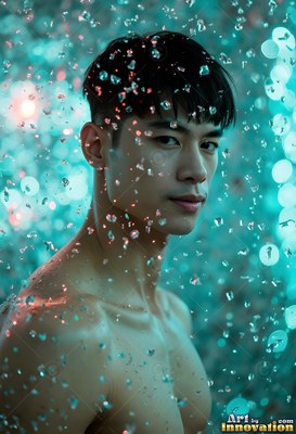 A shirtless man peers ahead in cascading water under teal lights