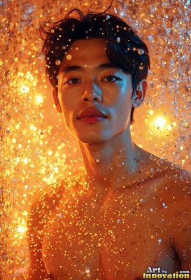 Wet dark hair falls across a bare-chested man surrounded by warm orange falling drops of water