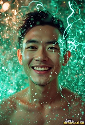 A happy man stands in a shower of bright green water droplets