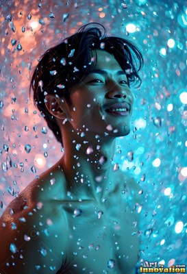 Turned sideways, a smiling man stands in rain lit with blue sparkles