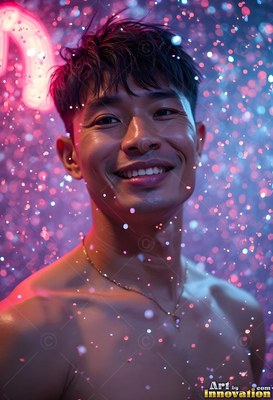 A grinning man without a shirt stands in pink light surrounded by falling water drops