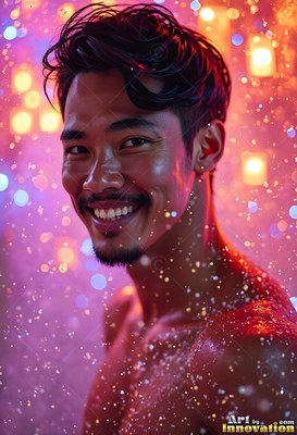 In a shower of sparkling light, a man with a smile without a shirt looks forward in pink hues