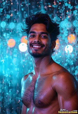 Smiling in descending water, a bare-chested man stands under bright cyan lights