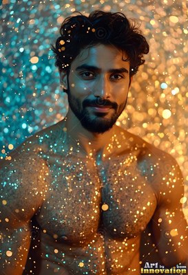 A shirtless bearded man surrounded by teal and gold light spots