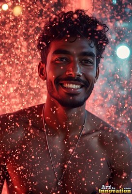 A thin silver chain rests on a smiling, bare-chested man showered by bright red droplets