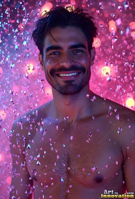 A shirtless man smiles as drops of water fall around him in bright pink light