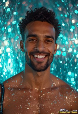 Facing forward, a smiling man stands in a spray of bright teal light droplets