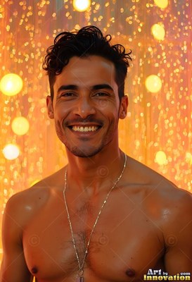 A smiling bare-chested man with dark hair in front of yellow falling lights
