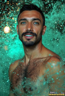 In green water spray, a shirtless man with a smile with a dark beard looks forward