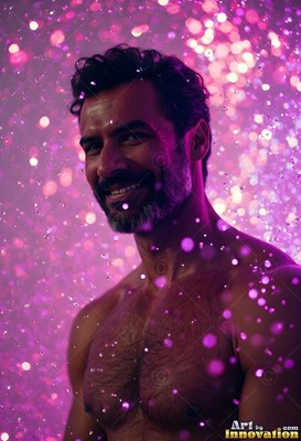 Smiling in bright purple light, a shirtless bearded man stands under water falling down drops