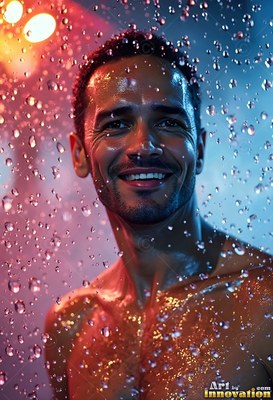 Smiling bare-chested man in water falling down with orange and blue light
