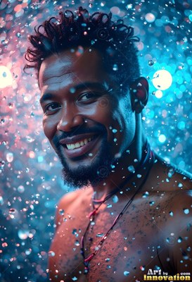 A man with a smile with a beard stands shirtless in falling water droplets lit by blue and pink light