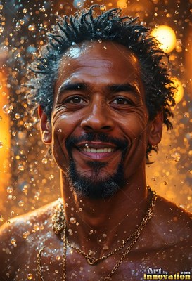 A man smiling stands in cascading water droplets lit by warm yellow light