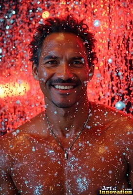 Facing forward, a smiling bare-chested man stands in a shower of red light