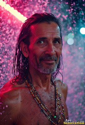 A wet man with a smile wearing beaded necklaces in pink and blue spray