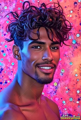 Against bright pink speckled light, a shirtless smiling man with wavy dark hair turns