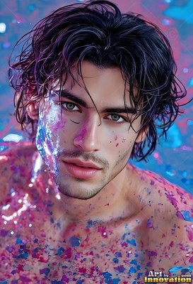Looking forward with wet dark hair, a bare-chested man is speckled with pink and blue paint